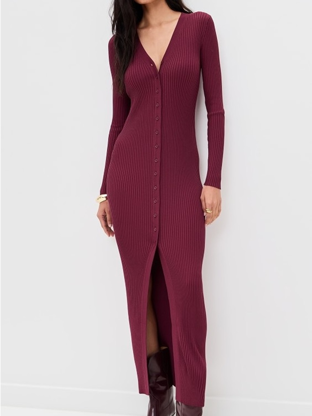 STAUD Ribbed Button-Front Maxi Dress in Burgundy Wine
